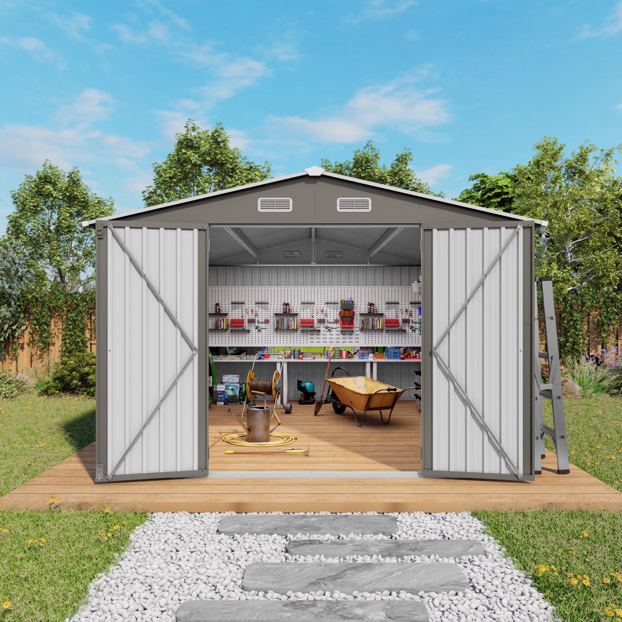10x12FT Outdoor Tool Storage Shed,Large Metal Garden Shed w/ Double Door&2Window