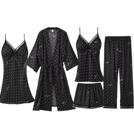 

DanceeMangoo 5PCS Robe&gown Set Women Lace Trim Satin Sleepwear Pyjamas Summer Bridal Wedding Nightwear Casual Home Wear Kimono Best Friend