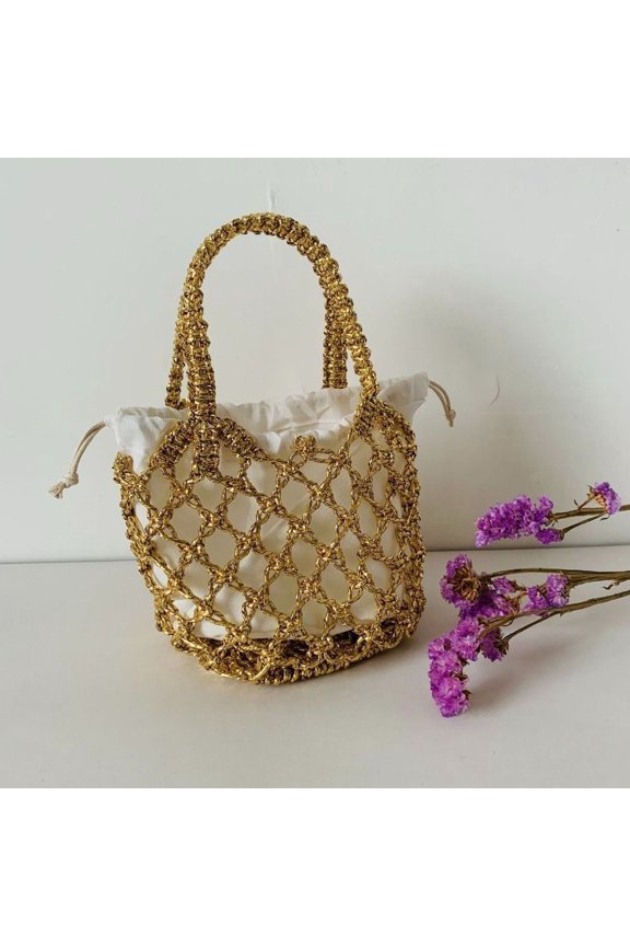 Fashion Handbag Beach Bag Woven Storage Bag Woven Bag Drawstring Bag Weave Bucket Bag GOLD