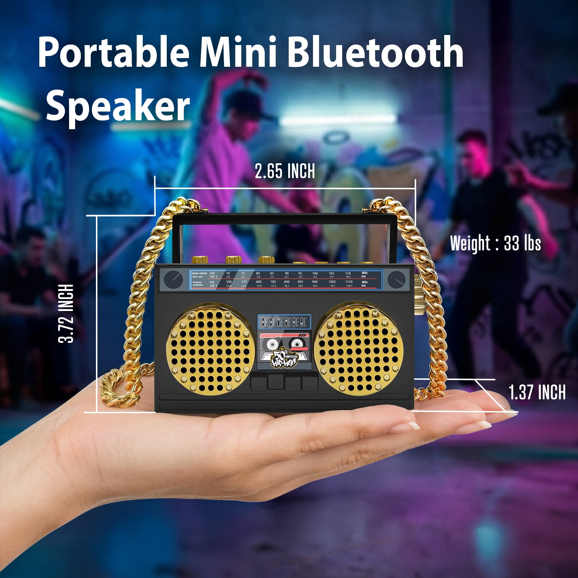 Portable Mini Bluetooth Wireless Speaker Retro Wearable Boombox with 27 Inch Necklace, FM Radio, On Board Buttons, with Dual 6W Peek Power Micro Speakers, and Long Lasting Battery