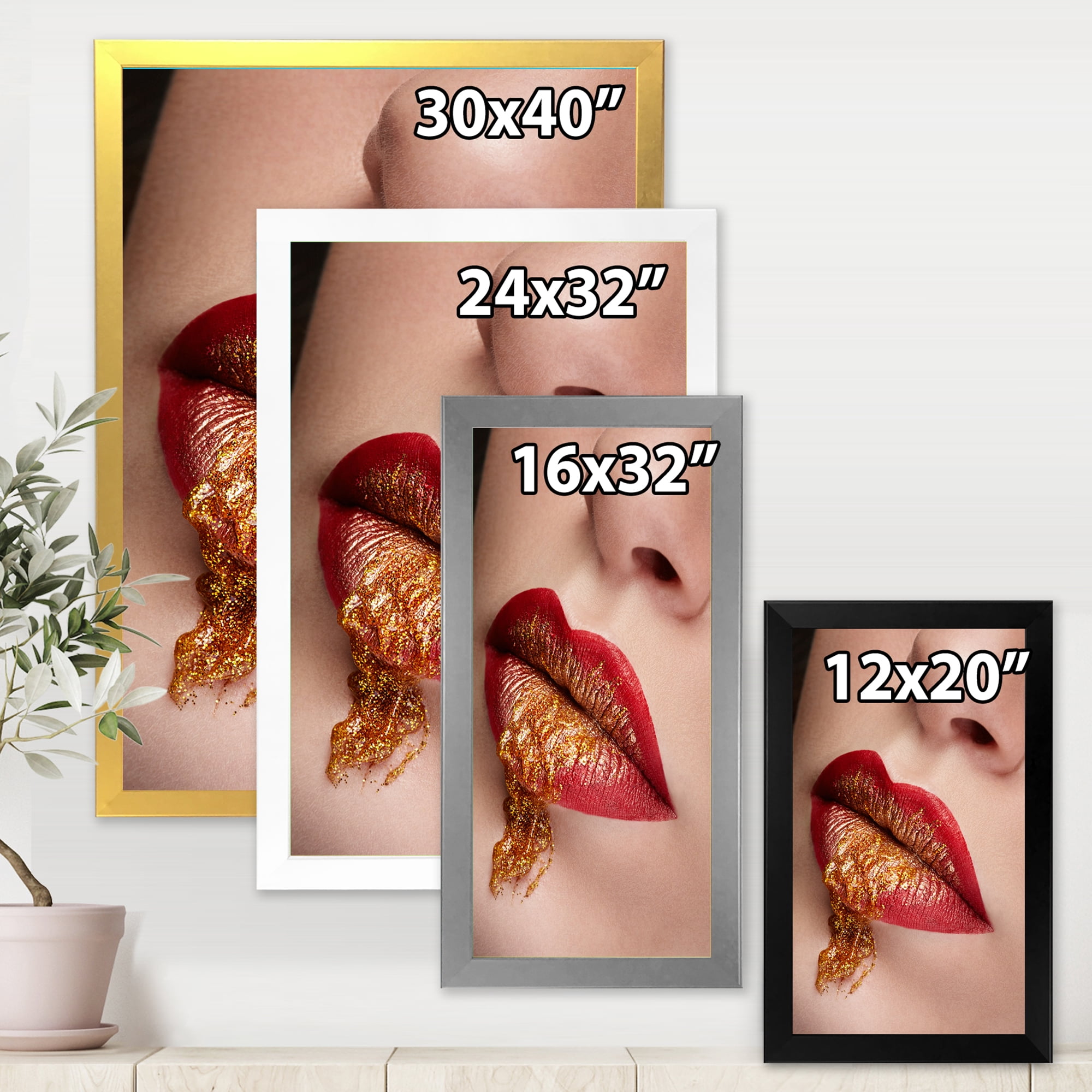 Designart 'Close Up Lips With Gold and Red Make Up' Modern Framed Art Print