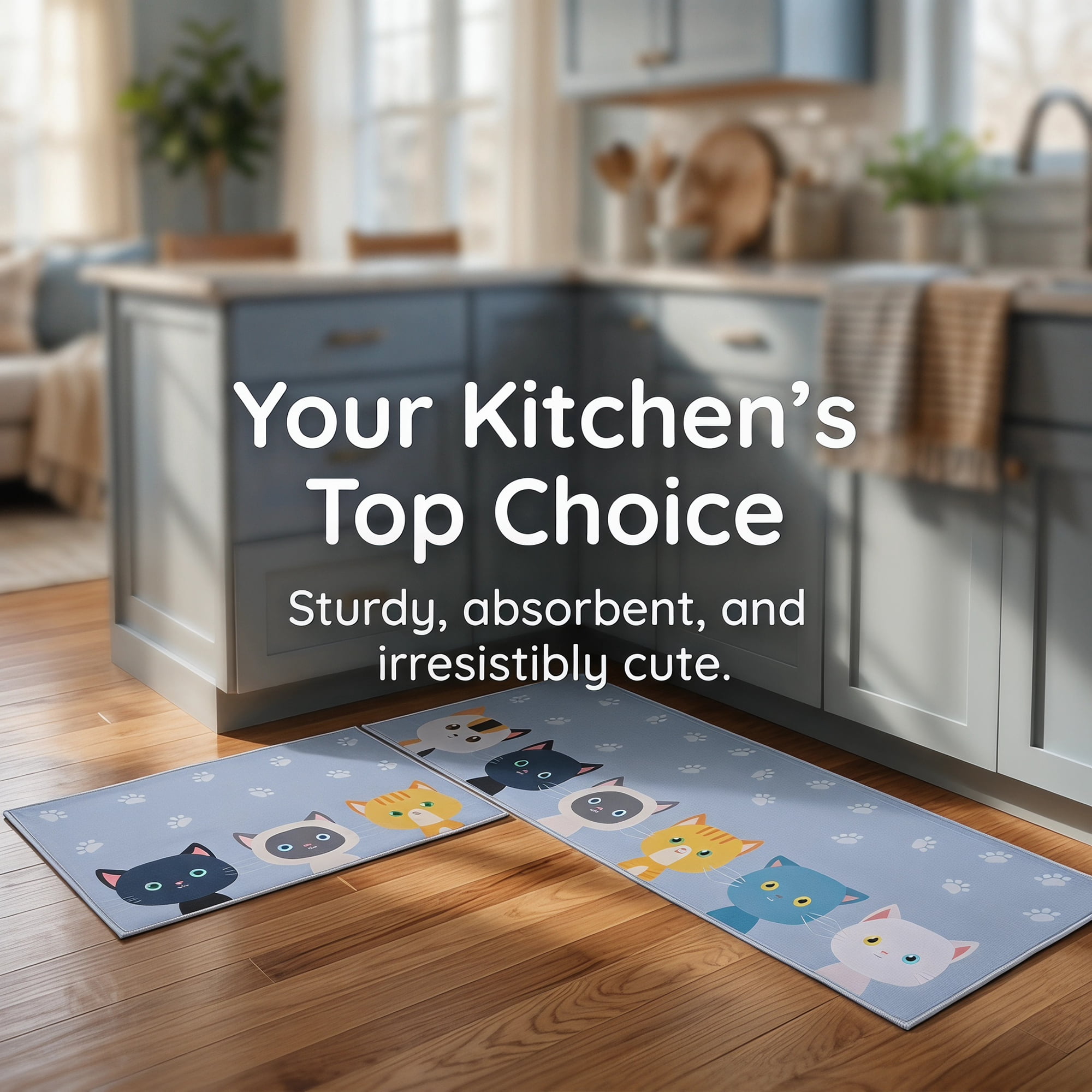 Unique Bargains Non Slip Cat Floral Printed Kitchen Rugs and Mats Blue 31"x20"+47"x20"