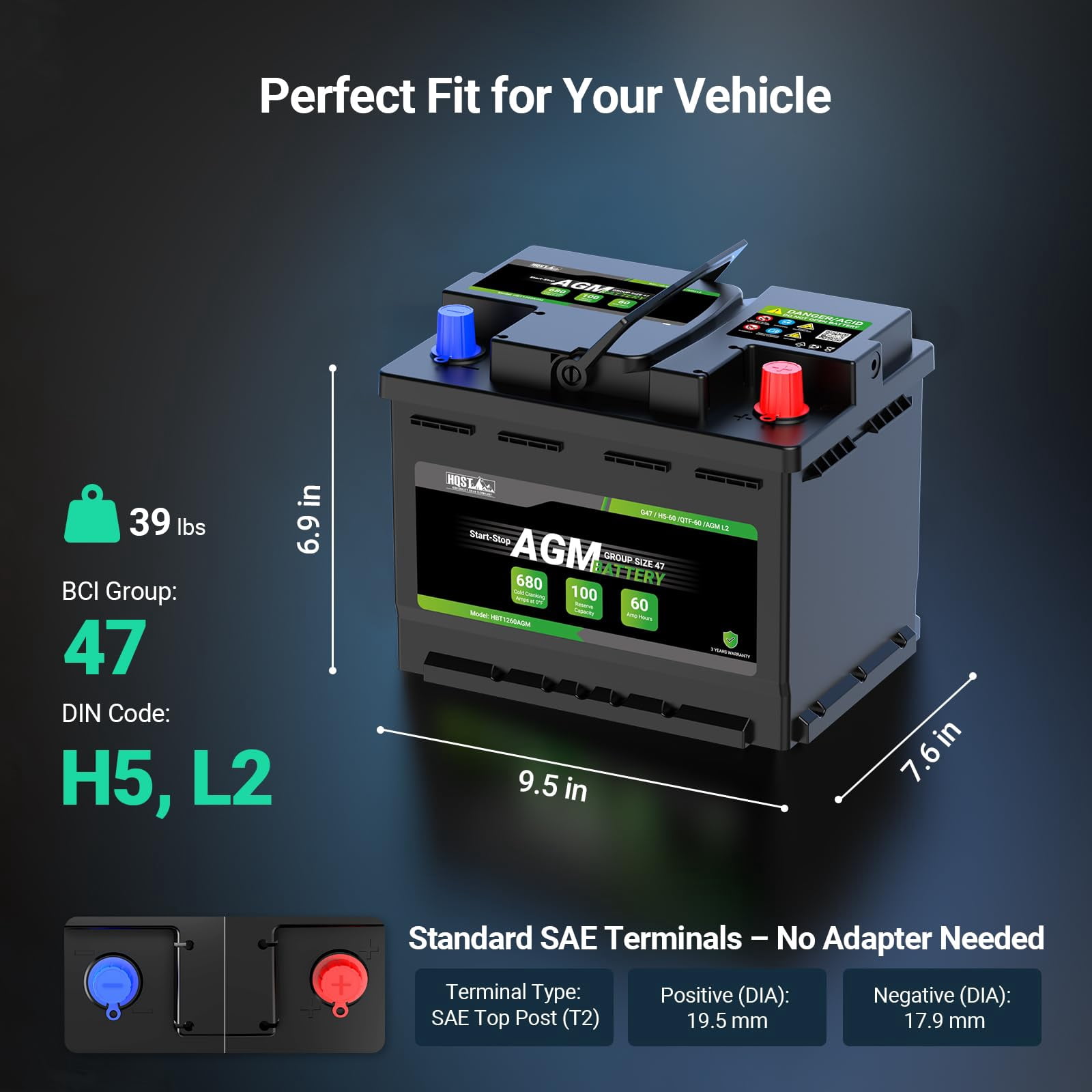 HQST H5 Group 47 AGM Automotive Battery, 12V 60Ah 680 CCA 100RC, Start-Stop Car Battery for Sedan, SUV, Truck, Maintenance-Free Automotive Replacement Battery