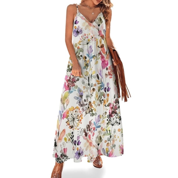 Vestido sin mangas con estampado botánico de flores y plantas silvestres en acuarela - Naturaleza salvaje Vestido de cumpleaños para mujer