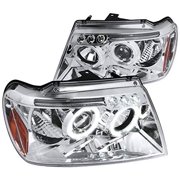 SMD LED Halo Projector Headlight In Chrome Housing Clear Lens Made For And Compatible With 1999 - 2004 Jeep Grand Cherokee 99 00 01 02 03 04