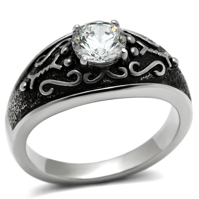 Men High Polished Stainless Steel Ring with AAA Grade CZ in Clear - Size 11