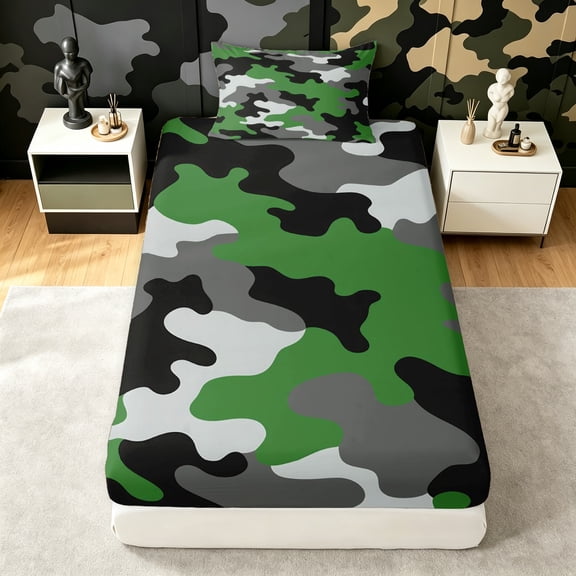 Manfei Minimalst Camouflage Twin Fitted Sheet, Mid Century Camo Bedding, Gray Green, 2 Pieces, 1 Fitted Sheet and 1 Pillowcase