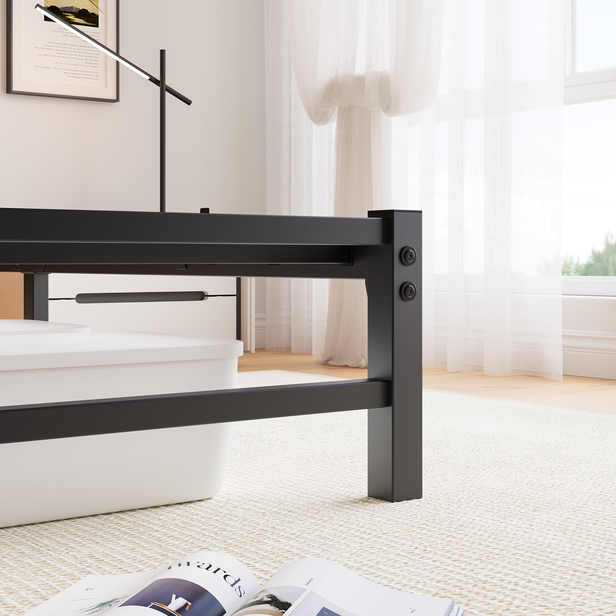 MAYEERTY Brown Queen Heavy Duty Bed: Headboard, USB Charging, LED Lighting, No Box Spring​