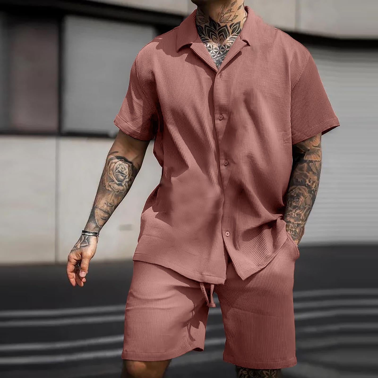 BSDHBS Outfits for Men Male Summer Top Shirt and Shorts Set 2 Piece Outfits  Fashion Casual Short Sleeve Tracksuit Set for Men Brown Size XXL 