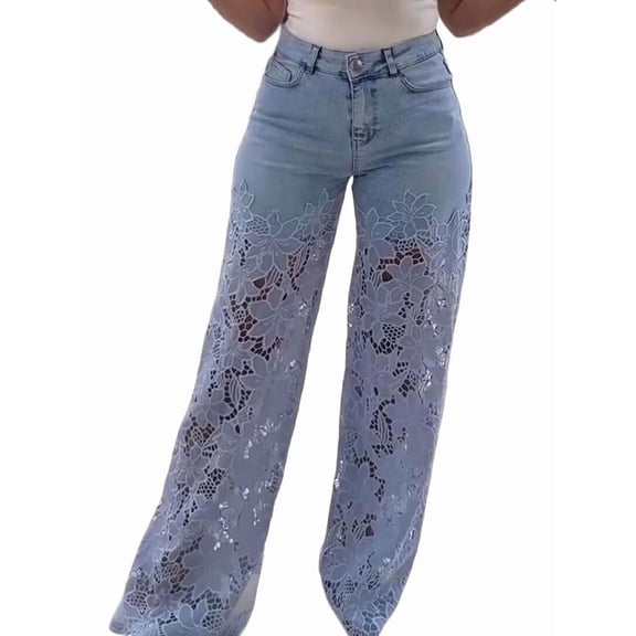 Women Baggy Lace Patchwork Hollow Out Denim Pants High Rise Wide Leg Floral Cutout Floor Length Jeans Light Blue XL