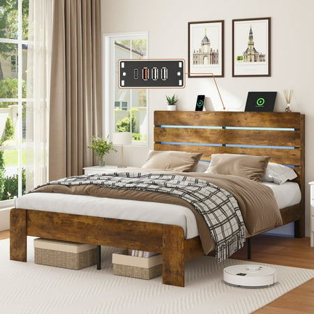Wood Full Bed Frame with Storage Headboard, Farmhouse Platform Bed with Charging Station, LED Lights, Solid Wood and Metal for Bedroom, No Box Spring Needed