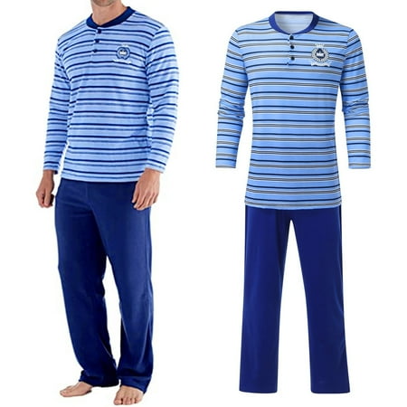 

Hunpta Man Long Sleeve Soft Pajamas Hot Pole Lining Of Blue Striped Top+Solid Pants Set