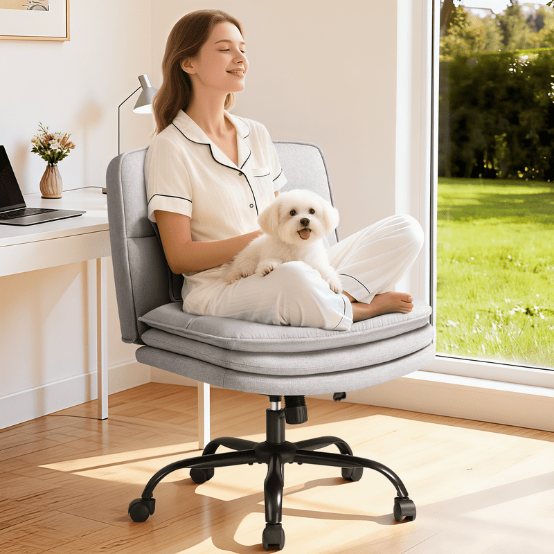 Homall Cross Legged Wide Seat Office Chair with Wheels,Office Armless Desk Chair, Modern Swivel Computer Task Chair Height Adjustable Vanity Chair,in Fabric,Gray