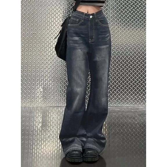 EMMIOL Women's Y2K Vintage Washed Black Mid Waist Baggy Wide Leg Boyfriend Jeans 90s Style Denim Pants