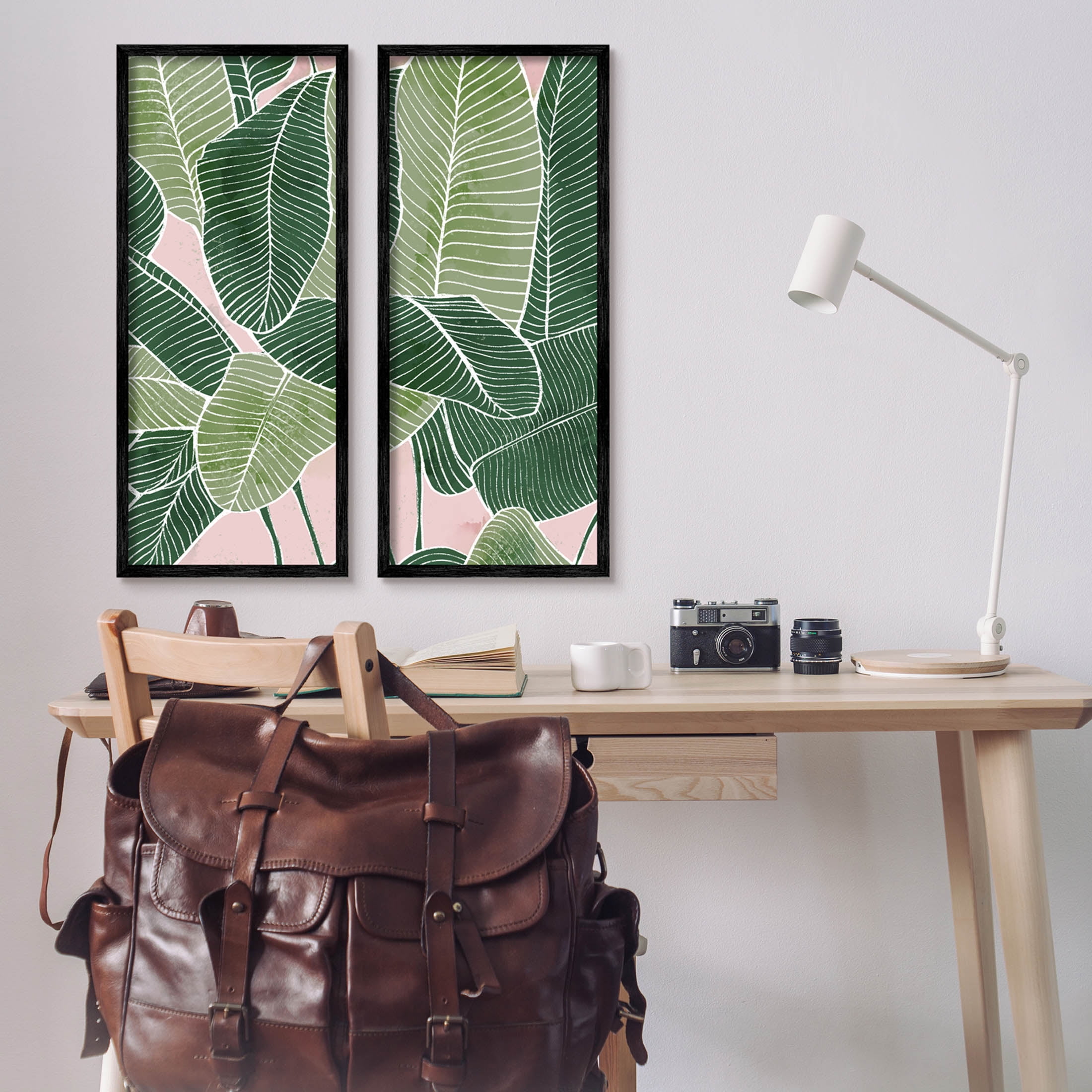 Contemporary Jungle Vegetation Leaves Botanical & Floral Graphic Art Black Framed Art Print Wall Art, Set of 2