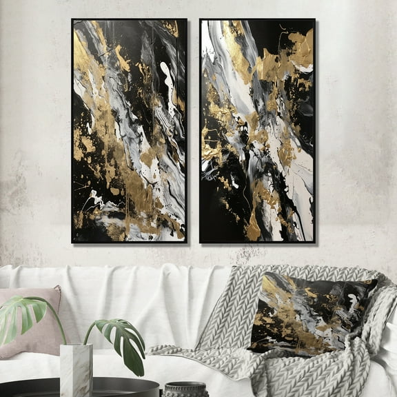 Designart "Blissful Waves Abstract in Gold, White, and Black VI" Abstract Painting Framed Wall Art Set Of 2 - Modern Gold Framed Canvas Set For Living Room Decor