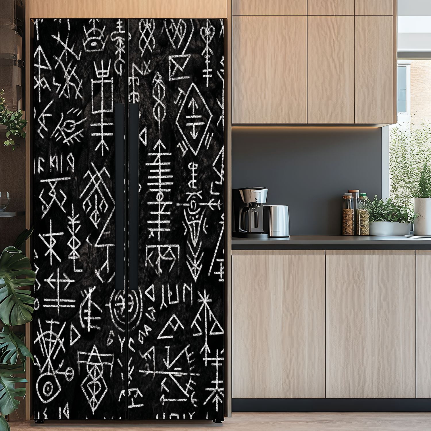Self Adhesive Vinyl Refrigerator Wrap Set Futhark islandic seamless Magic hand Door Mural Removable Fridge Sticker Peel and Stick&nbsp;Full Door Cover Decal Kitchen Bar Decor