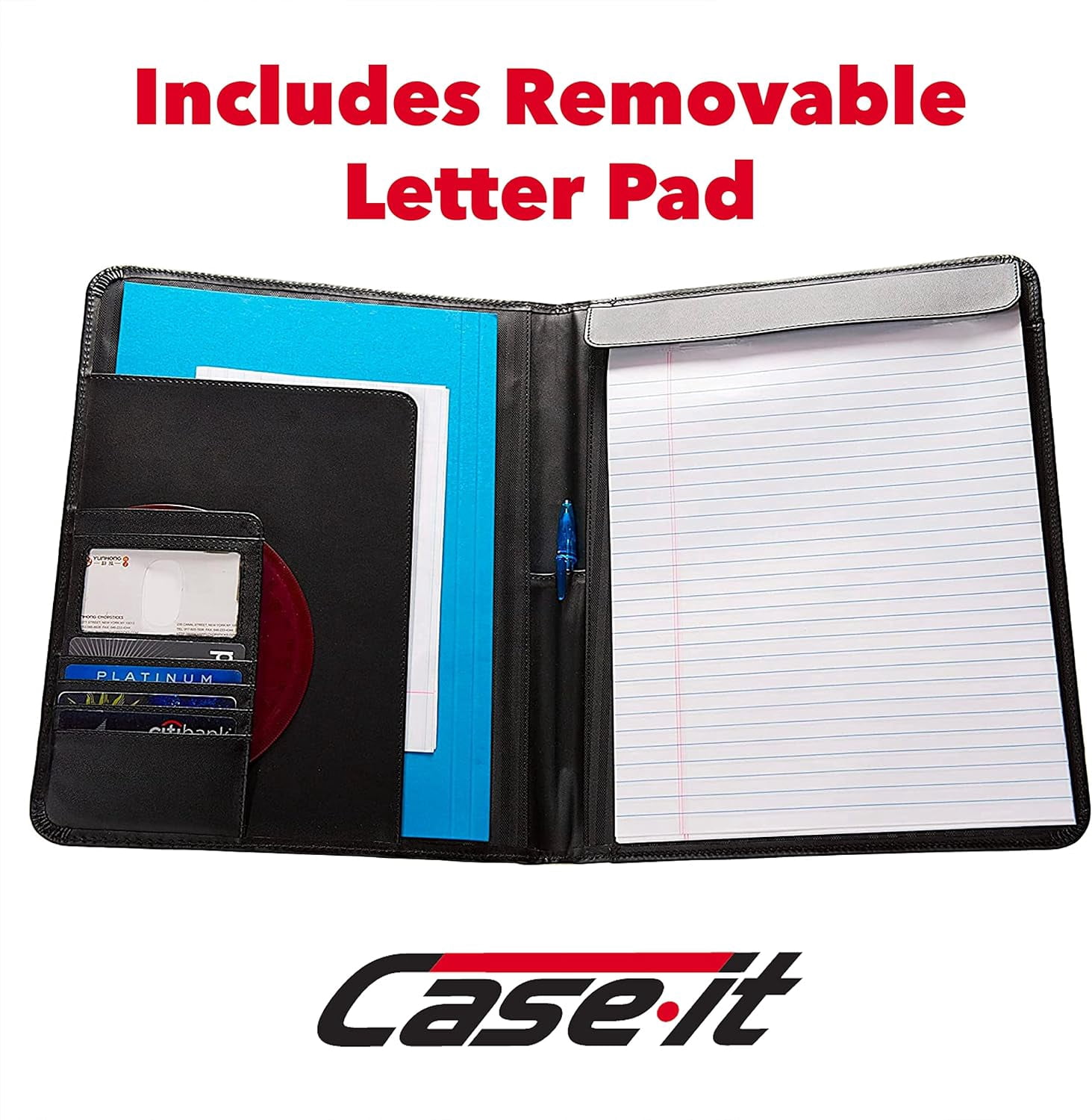 Case It Director Leatherette Padfolio with Writing Pad, Black, Pad-30