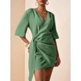 thumbnail image 4 of Olive Green Linen V-Neck Wrap Mini Dress With Side Tie, Casual Summer Style, 4 of 8