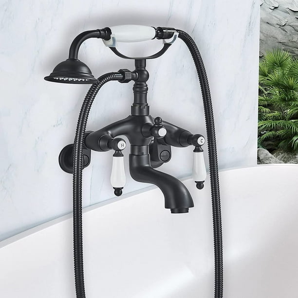 Gotonovo Wall Mount Clawfoot Tub Faucet & Shower Kit - Matte Black, Vintage Telephone Handheld, Dual Lever Handles (3 3/8" Centers)