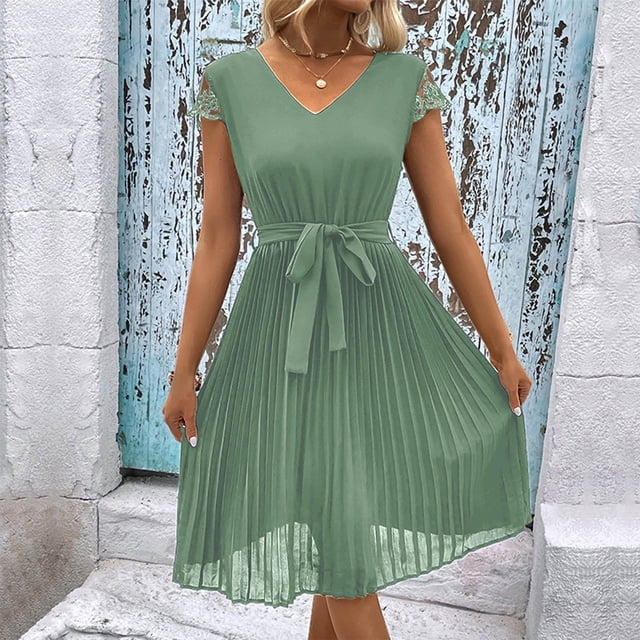 Puntoco Vestido De Manga Corta Con Cuello En V, Vestido Plisado De Color Liso Con Costuras De Encaje Para Mujer Verde Menta L