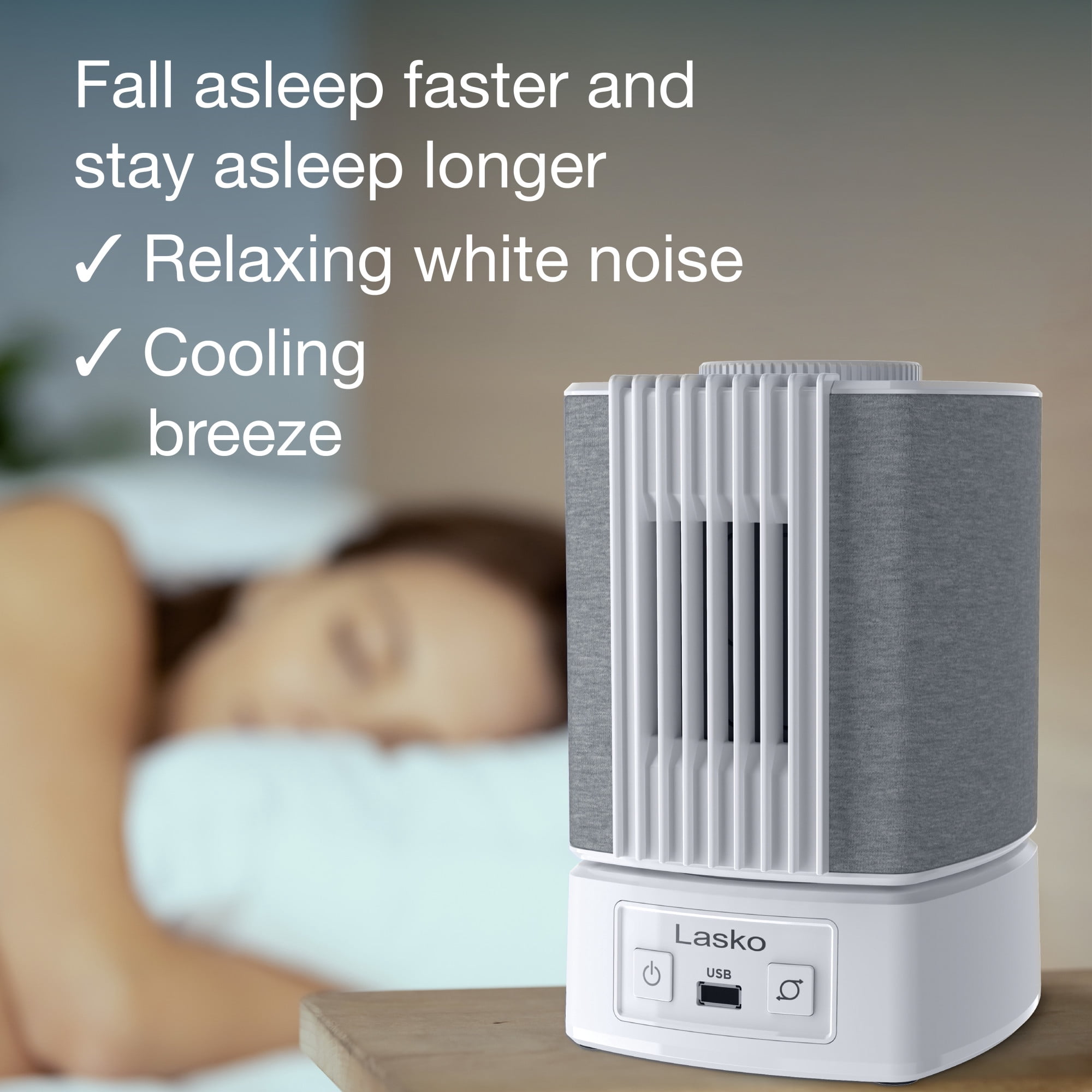Lasko 8" SlumberBreeze 2-in-1 Personal Fan with White Noise, White, SB101