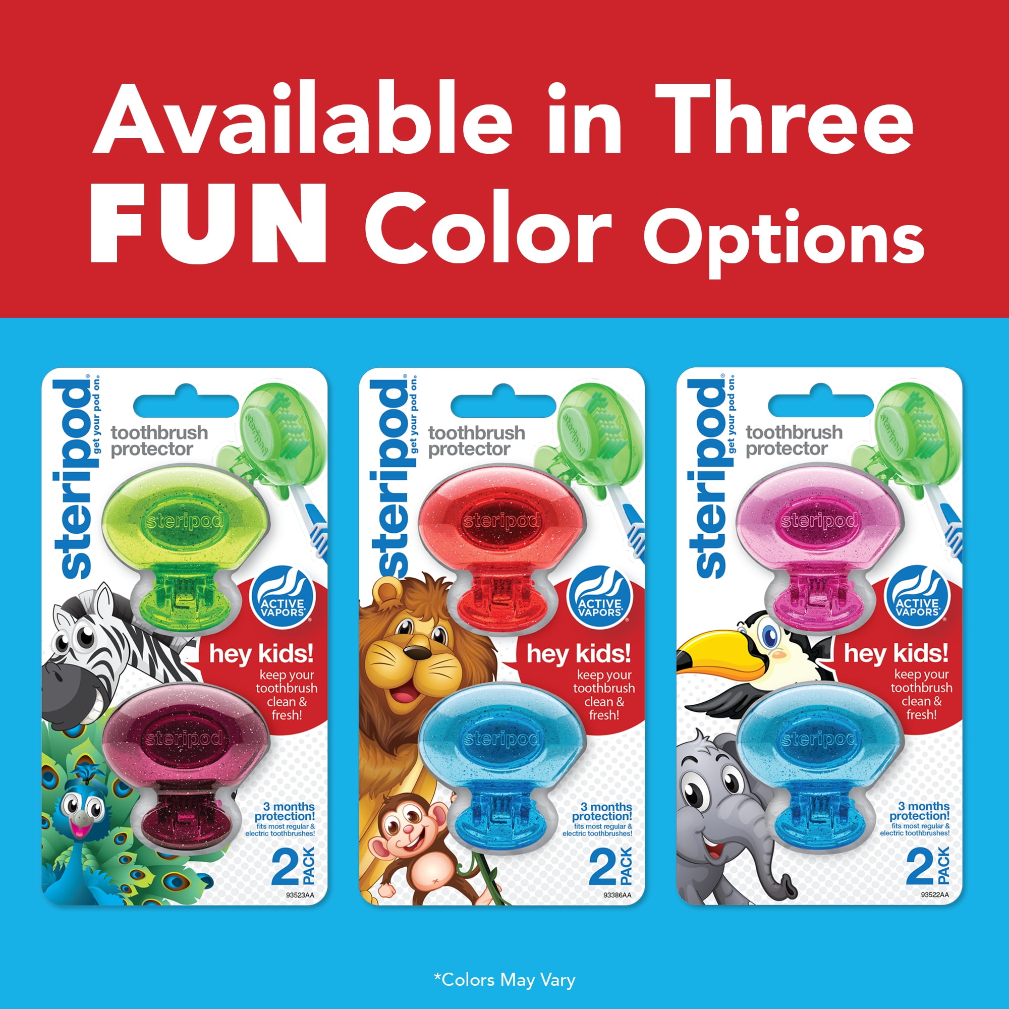 Steripod Kids Clip-On Toothbrush Protector, 2 Count (colors may vary)