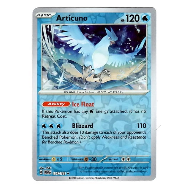 Carta Pokémon Articuno 144/165 151 con lámina invertida única