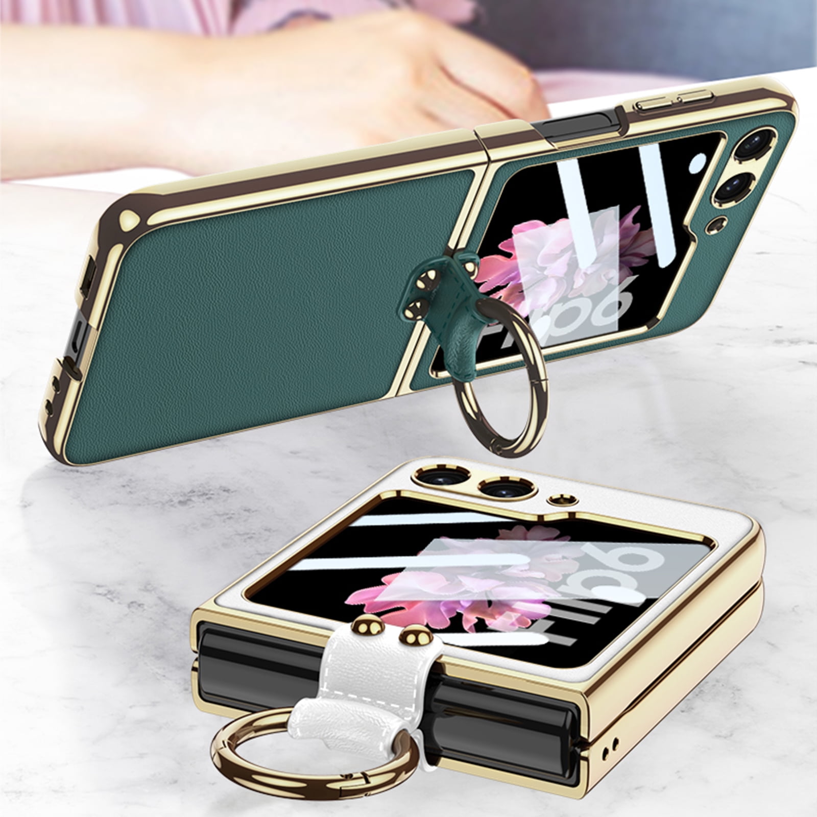Phone Case For Samsung Galaxy Z Flip 6 , Shockproof Protective Anti-Scratch Phone Case,Ultra-Thin Back Cover Screen Protector with Ring Holder & Adjustable Strap,PU Leather + Hard PC Shell,Green