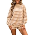 thumbnail image 2 of QTISFD Two Piece Sweat Set for Womens Mock Neck Long Sleeve Striped Oversized Sweatshirt Lightweight Loose Comfy Shorts Pants Sets, 2 of 5
