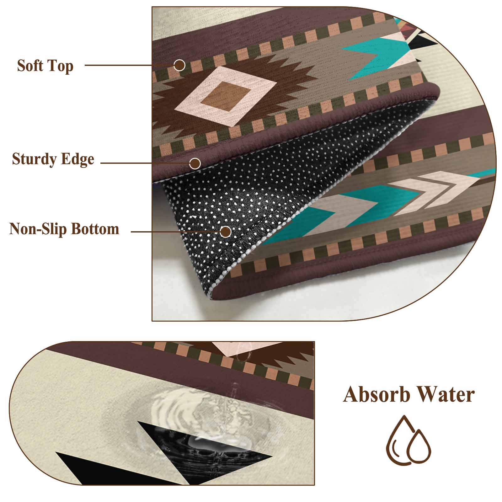 Southwest Geometric Bathroom Mat 2x3 FT, Non Slip Small Kitchen Mat, Brown Mexican Aztec Boho Tribal Washable Soft Backed Front Door Throw Rug Non-Shedding Indoor Outdoor Doormat for Entryway Sink