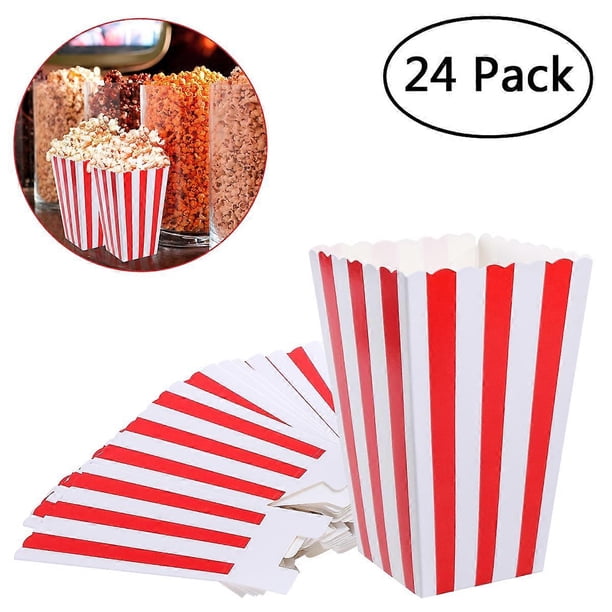 NUOLUX 24pcs Popcorn Boxes Holder Containers Cartons Paper Bags Stripe Box for Movie Theater Dessert Tables Wedding Favors (Red)