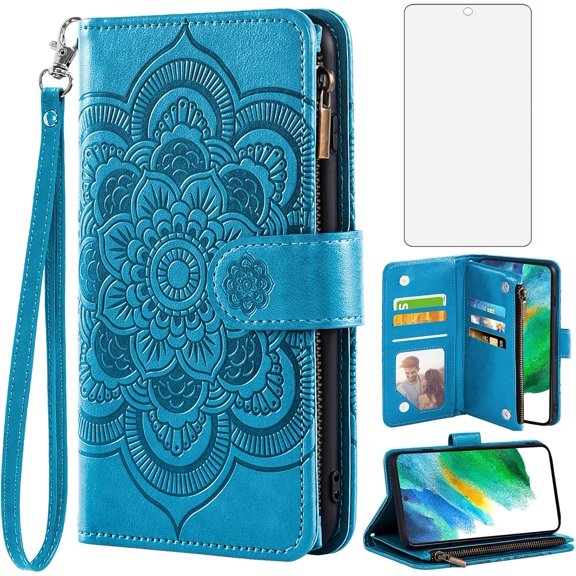 Compatible with Samsung Galaxy S21 FE Gaxaly S 21 FE 5G Wallet Case and Tempered Glass Screen Protector Leather Flip Card Holder Cell Phone Cover for Glaxay S21FE5G UW S21FE 21S G5 Women Blue