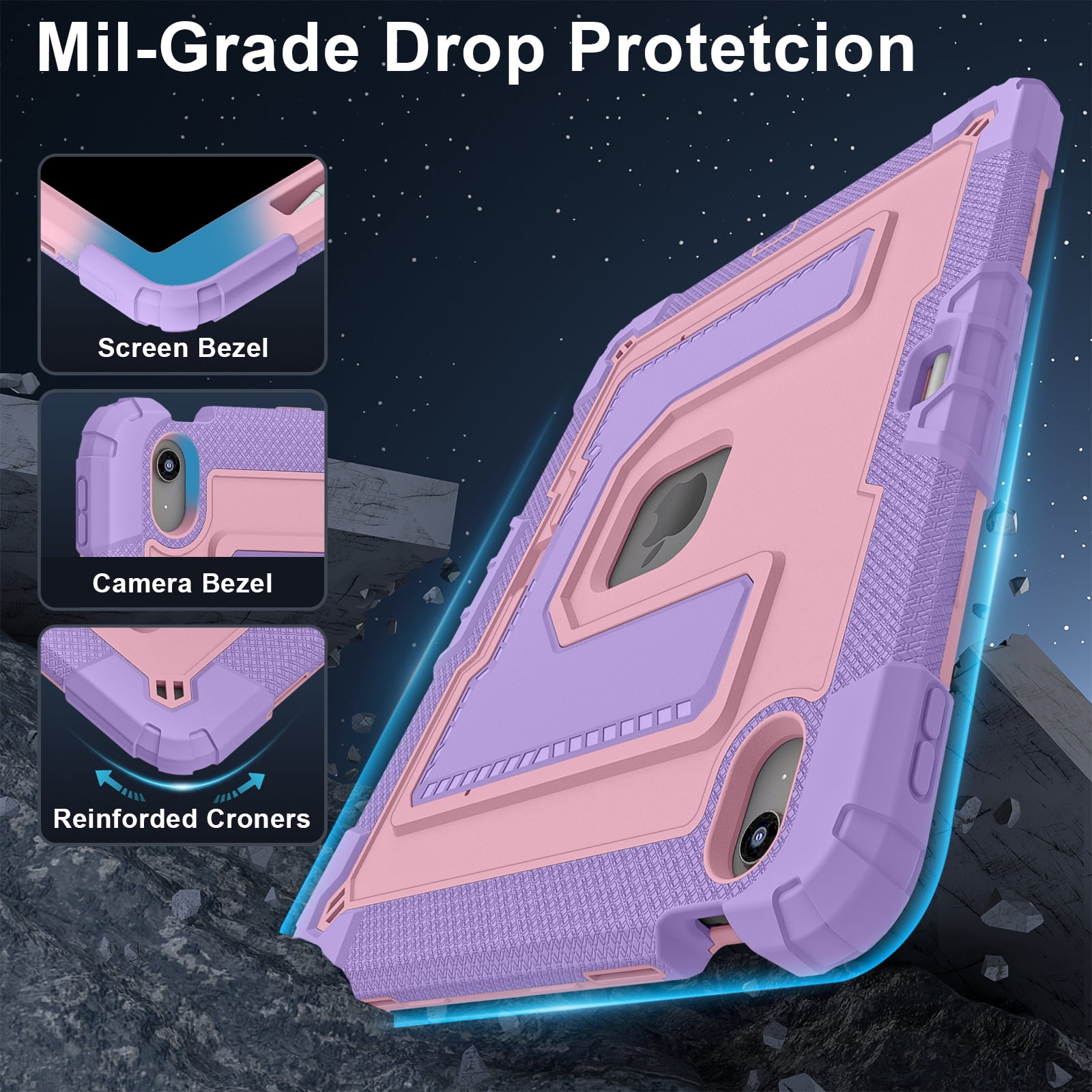 Rugged Case for Apple iPad Air 13 Inch M4 M3 M2 2026/2025/2024, Heavy Duty Tablet Case with Kickstand, Pencil Holder & Detachable Shoulder Strap, Purple+Gold