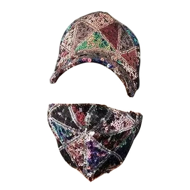 Gorra de béisbol con lentejuelas brillantes y conjunto de cubrebocas de malla transpirable, sombrero para el sol ajustable para viajes y actividades al aire libre, accesorio de moda.