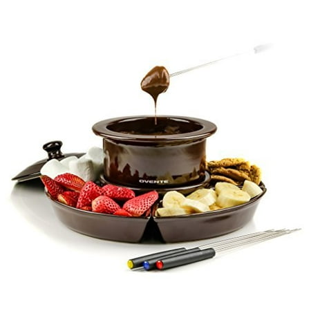 Ovente 1 Liter Electric Chocolate or Cheese Fondue Melting Pot and Warmer Set, Ceramic Party Serving Tray, Includes 4 Dipping Forks, Brown