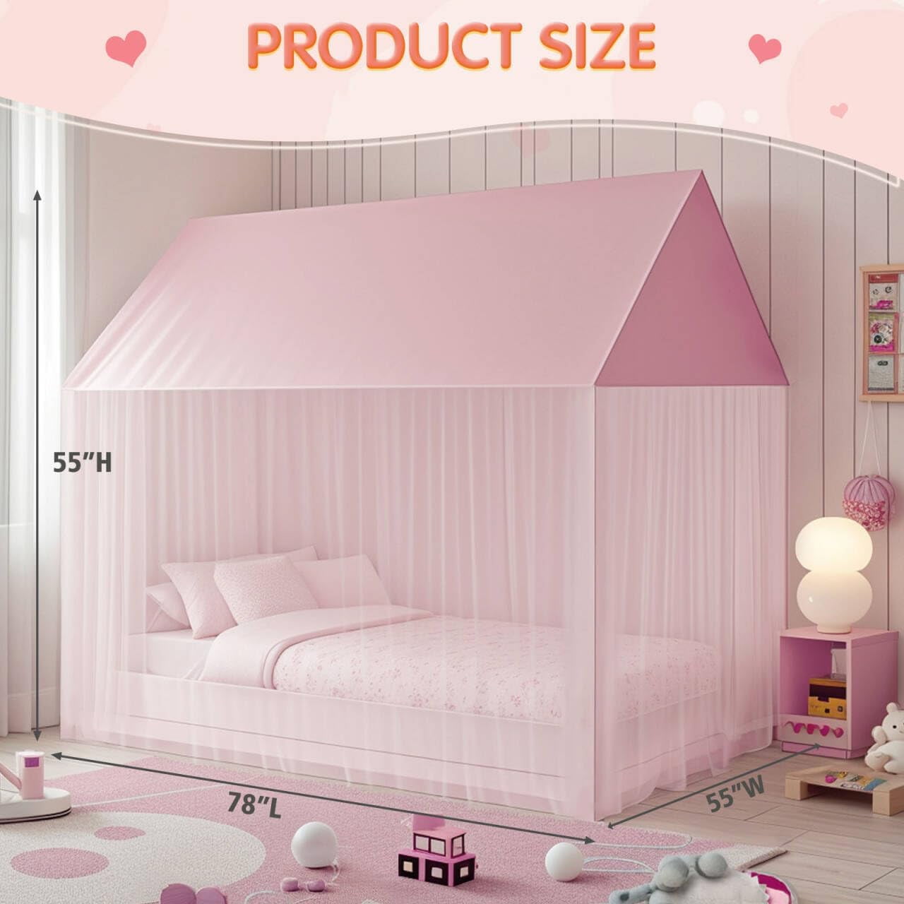 Princess Bed Canopy for Girls - Pink Bed Canopy Princess Castle Dreamy Playhouse Mosquito Net Reading Nook Canopies Play Tent Canopy Bed Curtains for Kids Room(Twin,Pink)