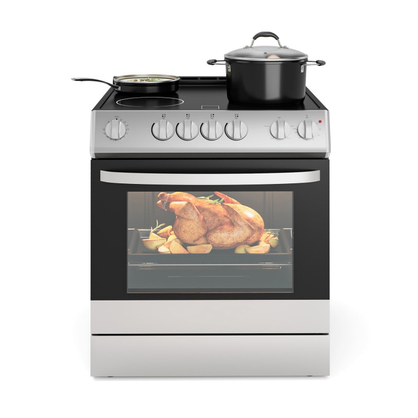 RUIE 30 Inch Freestanding Electric Range, 5.1 Cu.Ft Slide-in Stove with 4 Burner Ceramic Cooktop, Convection Oven, 7 Rack Positions - Silver