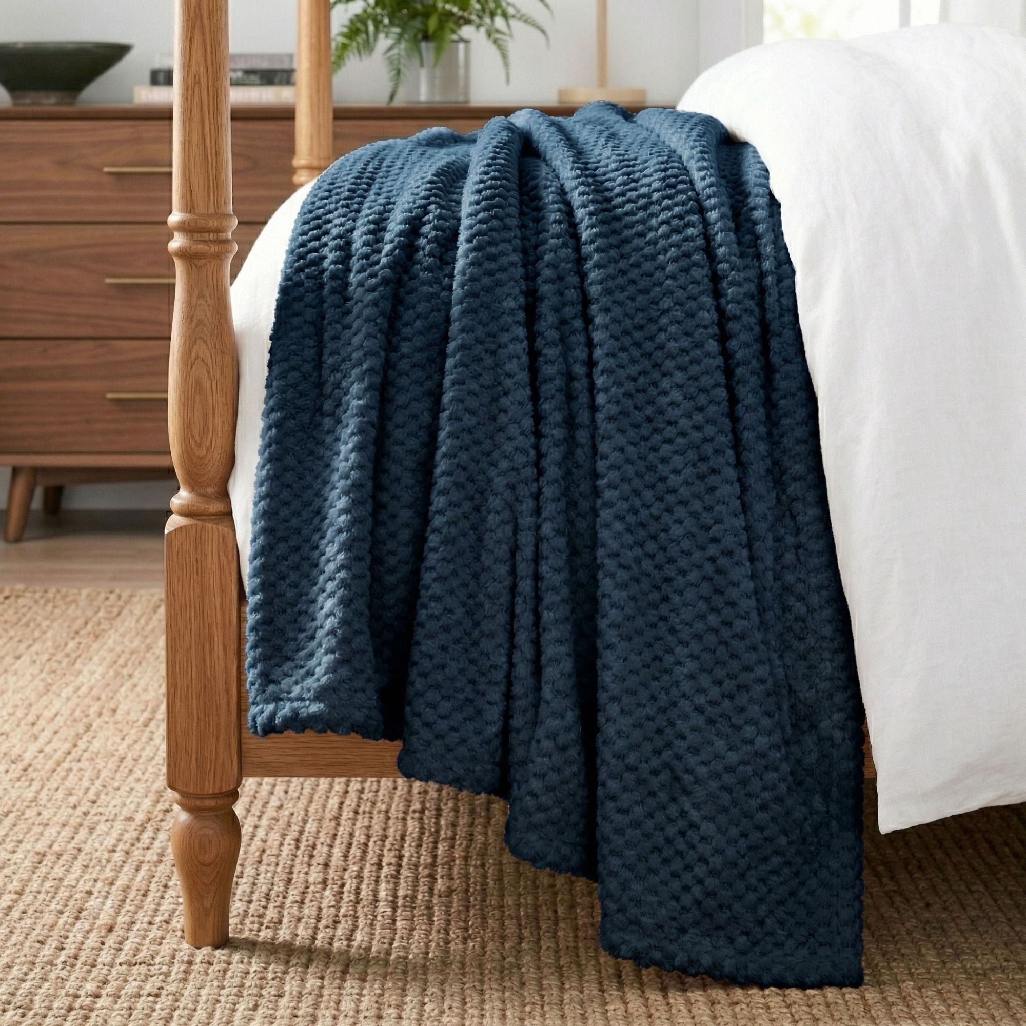 Superior Lily Pebbled Fluffy Fleece Blanket, Full Queen Size, Navy Blue