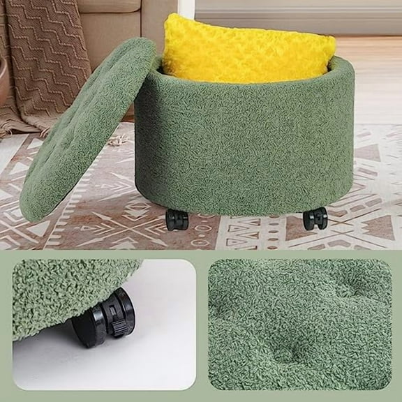 Round Storage Ottoman with Rolling Wheels, Teddy Velvet Foot Rest Stool Tufted Footstool for Living Room, Bedroom, Dorm, Green