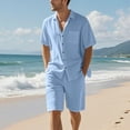 thumbnail image 2 of HaiMao Men Cotton Linen 2 Piece Sets Outfits Short Sleeve Button Down Shirts and Summer Beach Shorts Casual with Pockets Light Blue S(S), 2 of 5
