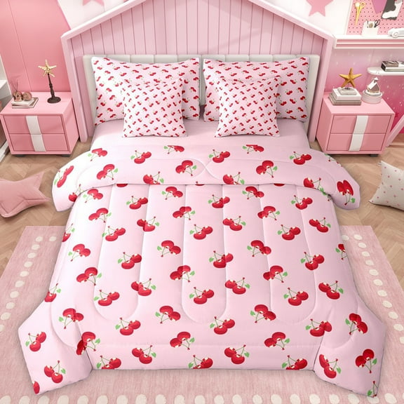 Homewish Cute Cherry 7-Piece Twin Bedding Sets,Sweet Cherries Fruit Bedding Comforter Set,Pink Red Sheet Sets For Girls Kids,Microfiber Bedroom Decor Reversible
