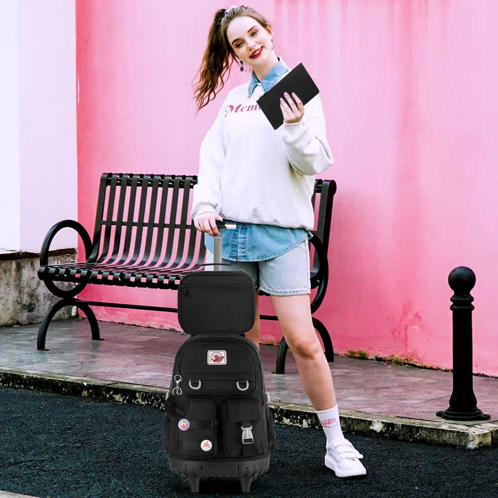 AGSDON Rolling Backpack for Girls Women, 21 inch Roller Wheels School Bookbag, Wheeled Suitcase Backpacks with Lunch Bag for Teen - Black