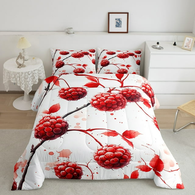 YST Red Fruit Twin Comforter Set,Geometric Raspberry Soft Quilt for Girls,Kids Teens Ombre Botanical Room Decor Bedding Set,Watercolor Pastel Down Comforter with 1 Pillow Cover,Red White