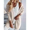 thumbnail image 5 of Women Solid Tone Open Front V Neck Side Pockets Oversized Mid Length Loose Casual Knit Cardigan Cream White M, 5 of 7