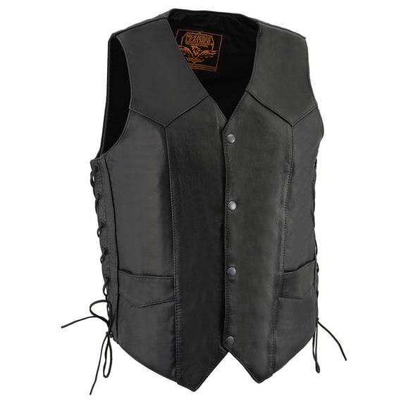 Milwaukee Leather LKM3731 Men's Black Leather Classic Side Lace V-Neck Motorcycle Rider Vest w/ Front Snap Closure 56