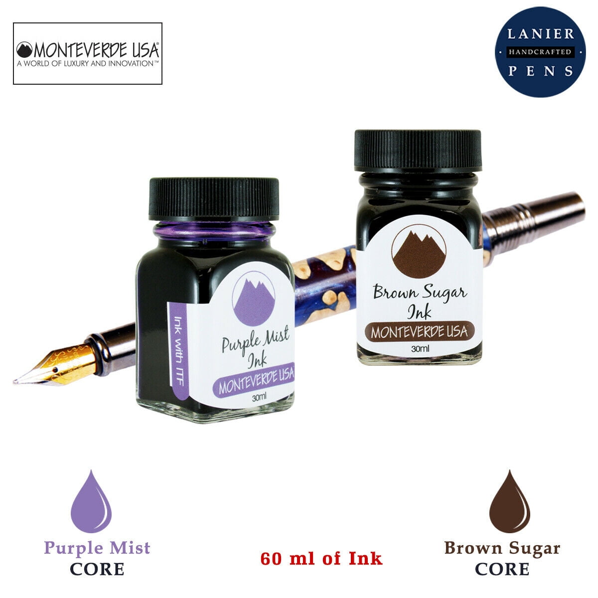 Monteverde 60ml Core Fountain Pen Ink Bottle (30ml Purple Mist Ink Bottle G309PM, 30ml Brown Sugar Ink Bottle G309BS)