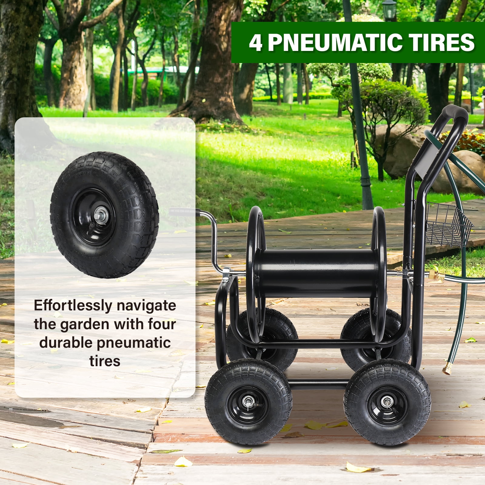 UBesGoo Iron Four Wheel Pipe Truck Garden Water Hose Reel Car w/ Dark Green Hose, Black