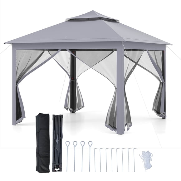 Costway 11 ft × 11 ft Pop up Gazebo with Mesh Netting Sidewalls, Vented Top, Drainage Holes Gray