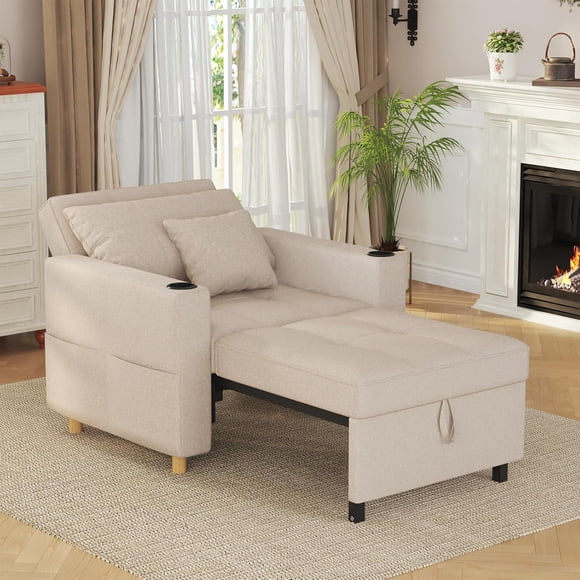 AECOJOY 3-in-1 Convertible Chair Bed Sleeper & Futon Sofa Bed Chair with Adjustable Backrest and 2 Pillows-Beige